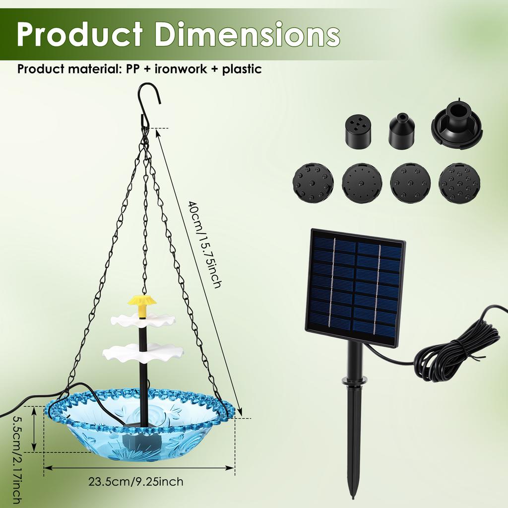 Solar Powered Hanging Bird Bath Fountain Solar Power Cascade Hanging Birdbath for Outdoor Garden Backyard Patio Lawn (Blue or
