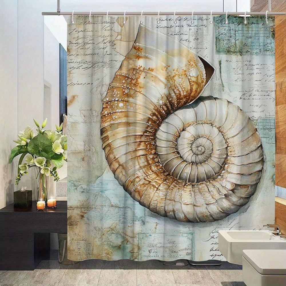Ocean Style Fossil Watercolor Shower Curtain - Creative Shell Design, Bathroom Decor, Polyester Fabric, Includes 12 Hooks