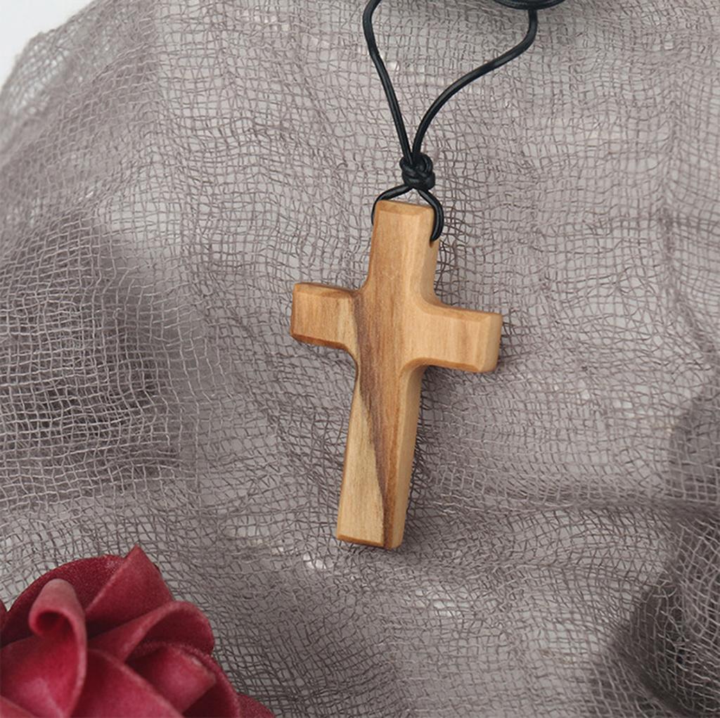Olive Wood Cross-shape Pendant Necklace Suitable for Boys Girls Ladies Men Handmade Gift Car Rearview Mirror Pendant