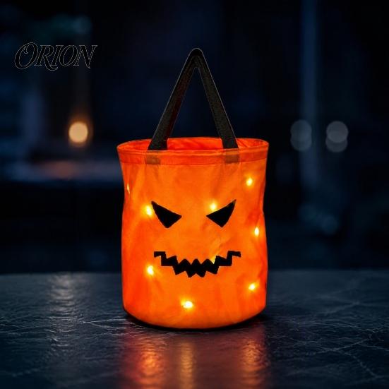 Durable Fabric Pumpkin Treat Bag Glowing Candy with LED Lights, Reusable Halloween Trick or Pail Tote for Kids, Handbag Party Favors Festival Supply