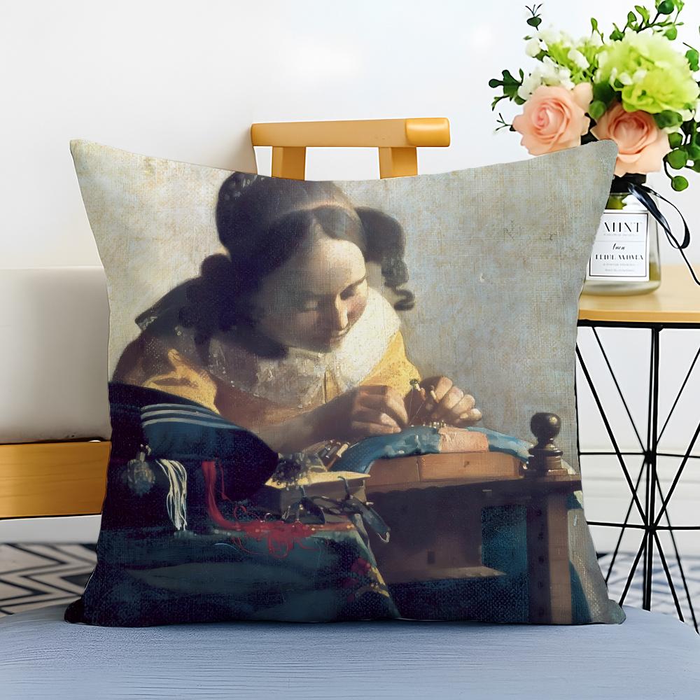 Detailed Luminous JJohannes Vermeer Cushion Cover Washable Linen Pillowcase Soft for Sofa Bed Cozy Home Room Decor