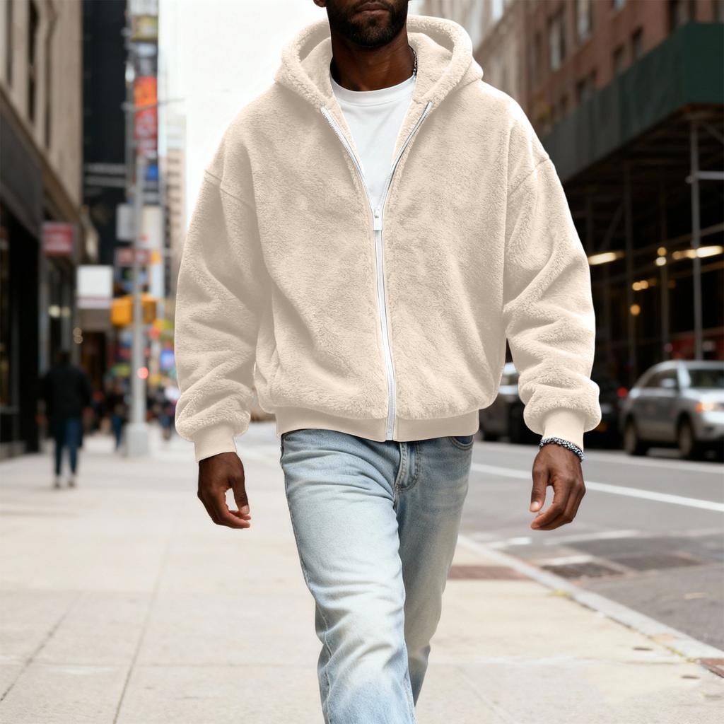 Herr Fuzzy Zip Hoodie Sweatshirt Plyschjacka med dragkedja med huva för
