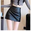 Black PU Leather A-line Slit Mini Skirt for Women - High Waist Hip-Hugging Autumn Style 2026