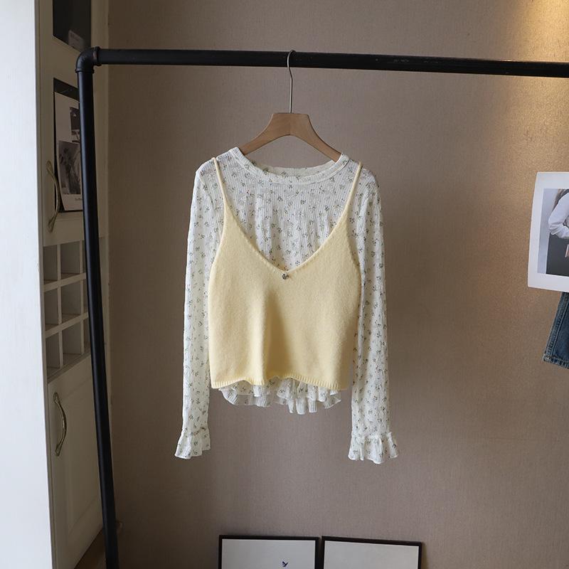 

Весна 2025 Женский корейский многослойный вязаный комплект: майка и футболка с длинным рукавом с цветочным принтом One Size жёлтый