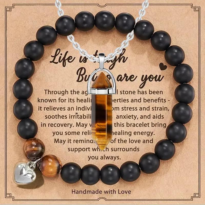 

Набор из 2 шт./компл. Ожерелье с шестигранным столбиком из аметиста и браслет из агата с фиолетовыми полосами с карточкой в подарок Снятие стресса и тревоги для друга