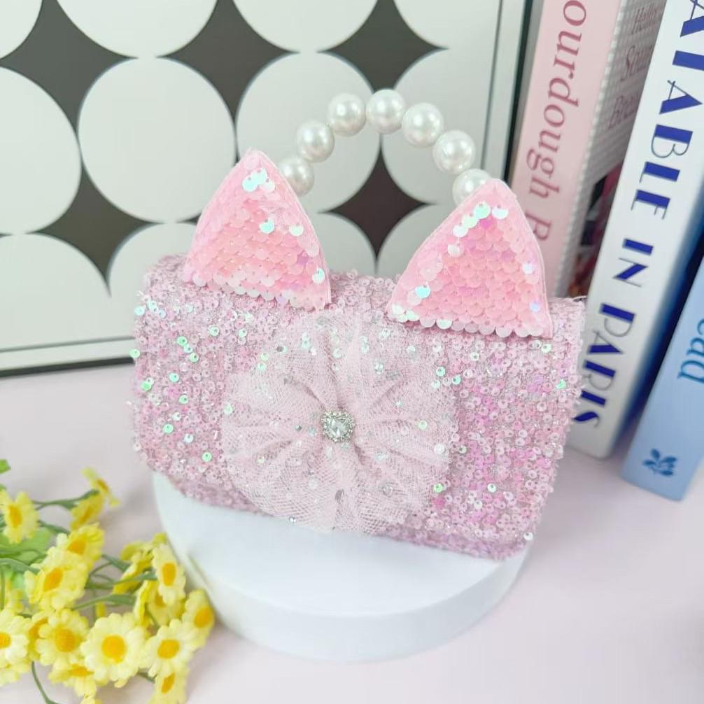 

Cute Cat Pearl Handbag: Customizable Crossbody Bag with Sequins & Patches for Girls 15x10 рожевий