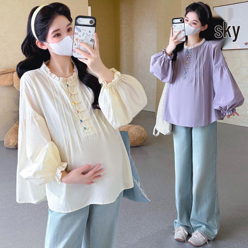 

Spring Lace Patchwork Maternity Blouse: Long Sleeve, Colorful Buttons, Loose Fit, Plus Size M фіолетовий
