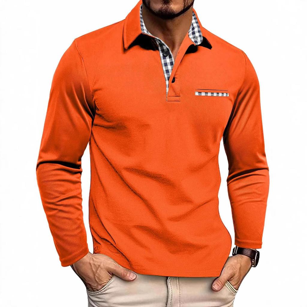 Camisa Polo de Manga Larga con Ribete a Cuadros, Elegante Top Casual para Hombre