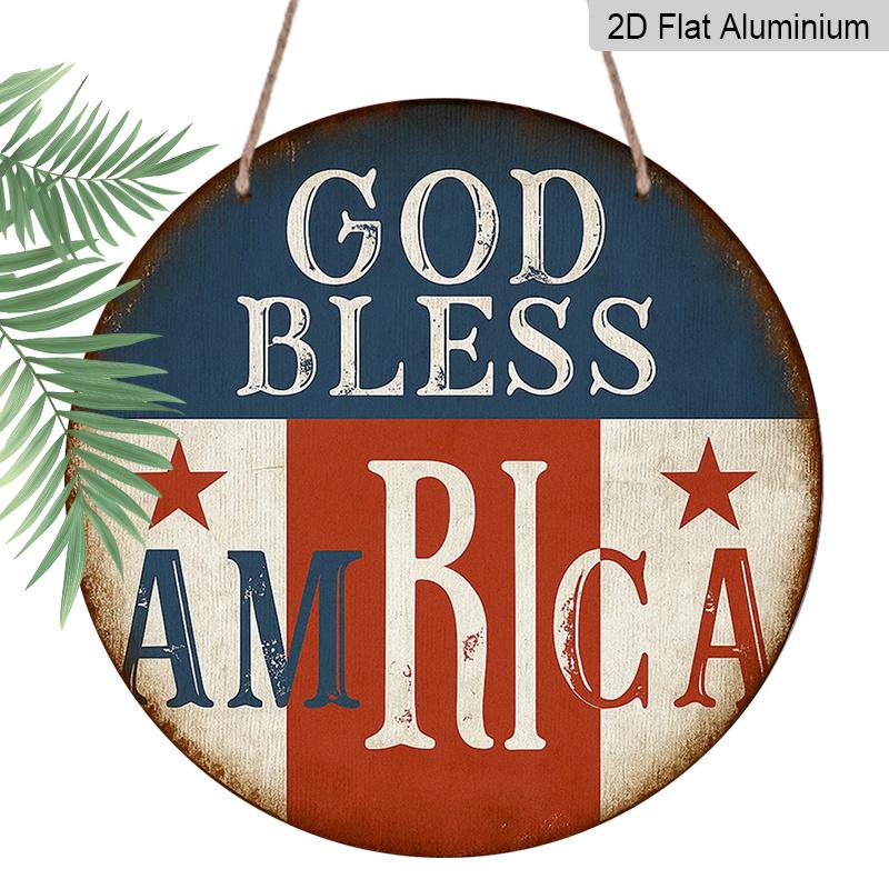 1pc 2D Flat, Round French Aluminum Sign, "God Bless America" Vintage Decorative Plaque, "American Flag" Decorative Sign, Suitable for 4th of July