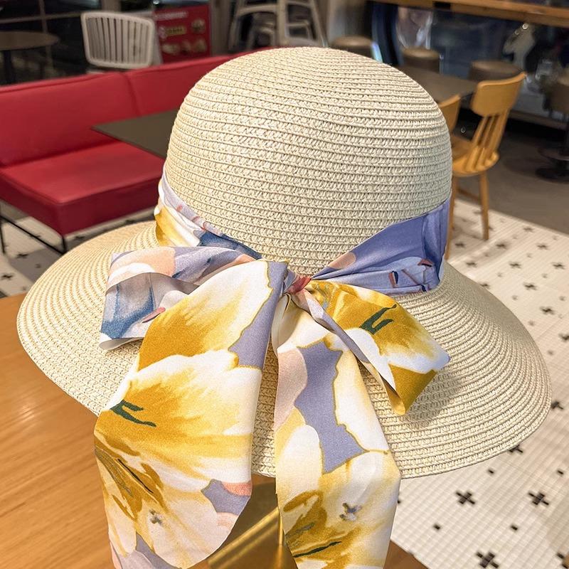 

Соломенная шляпа женская летняя новая с бантом и лентами, шляпа рыбака, модная универсальная шляпа от солнца с широкими полями Adjustable
