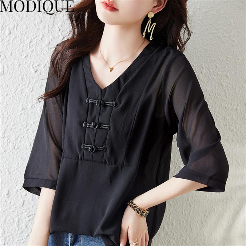 MODIQUE Letní Nadměrná Velikost Dámské Bavlněné Lněné Šifonové Halenky Košile Jednobarevné Letní Kabáty Oversize Výstřih do V Poloviční Rukáv Knoflíky