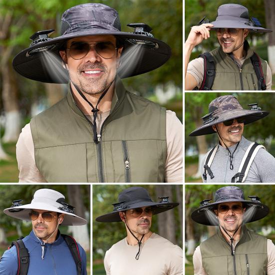Venkovní klobouk typu bucket hat, Rybářský klobouk se širokou krempou a duálními ventilátory, Prodyšný síťovaný chladicí klobouk dobíjený solárně přes USB pro turistiku a zahradničení