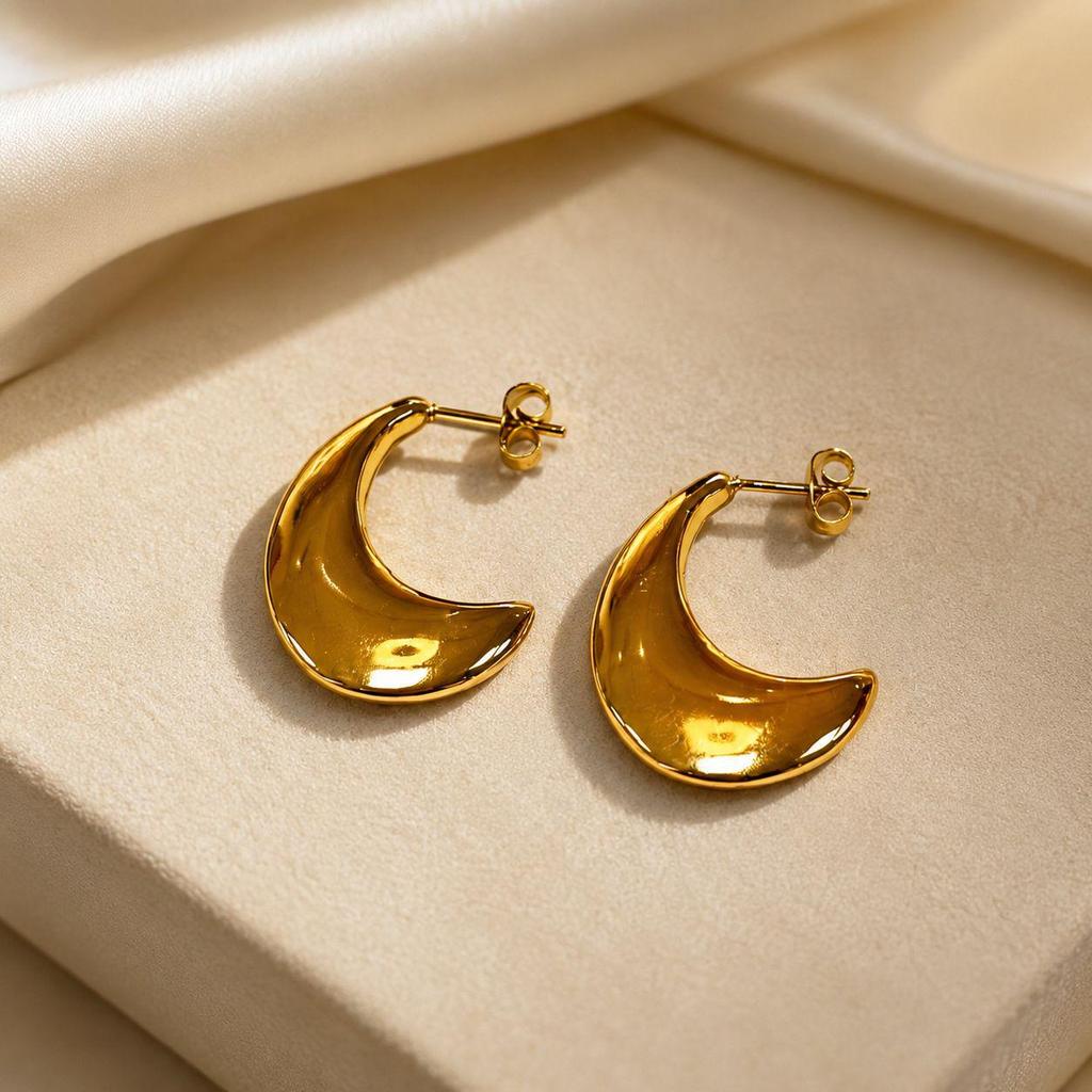 Gold Crescent Matte & Glossy Stainless Steel Earrings - European & American Style