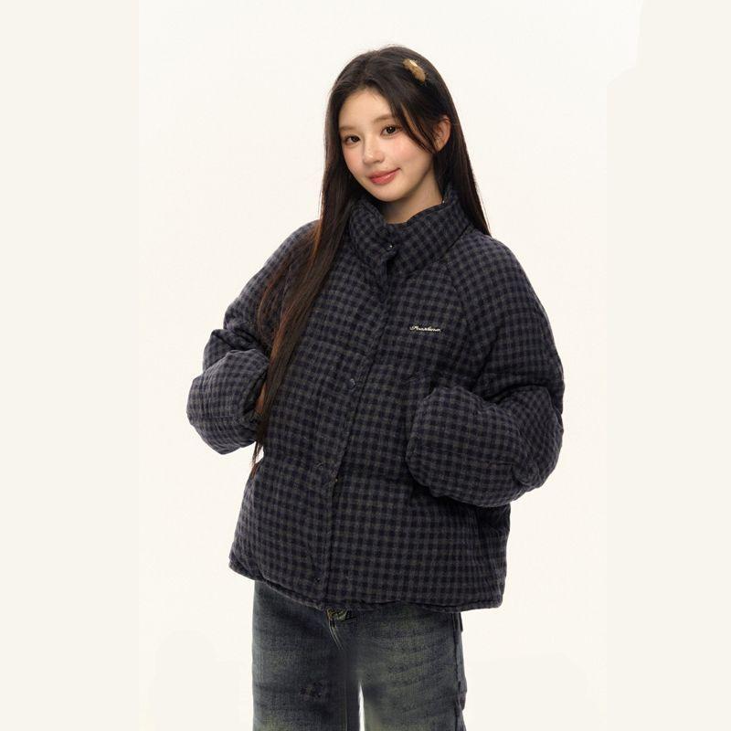 Koreanischer Karierter Kurzer Baumwollmantel für Damen, Locker und Vielseitiger Winter Verdickter Brotmantel und Baumwollgepolsterte Jacke