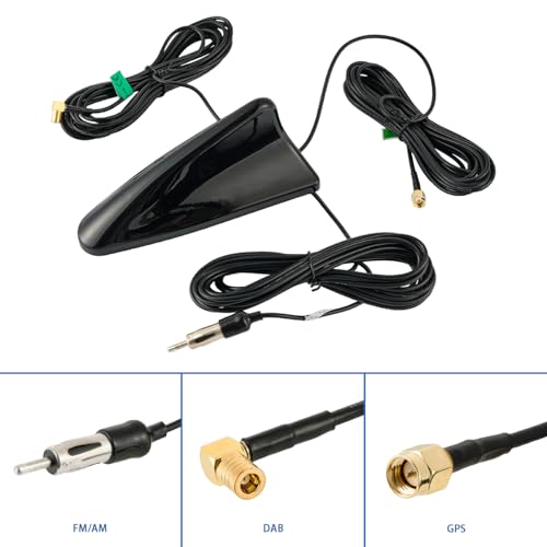 POBADY DAB DAB+ FM/AM GPS Antenna Shark Fin Car Radio Antenna Signal Amplifier with SMA-SMB-DIN Plug Connector and 5M RG174 Cable for Car Digital FM/A