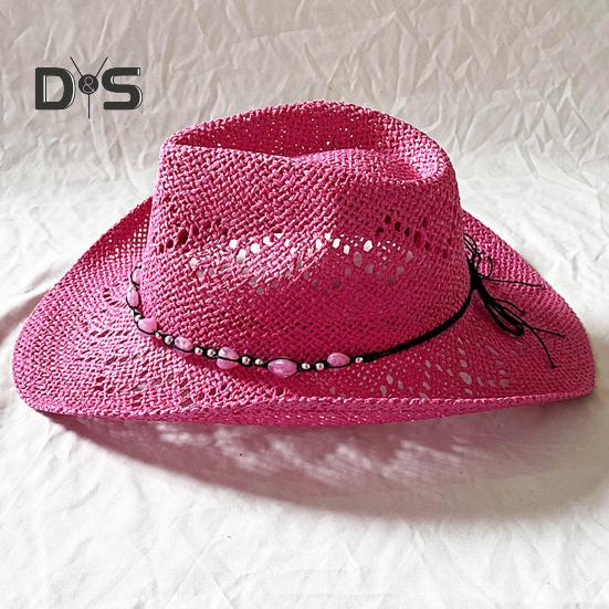 Summer Straw Hat Hollow Out Foldable Adjustable Bead Decor Curled Edge Windproof Strap Western Cowboy Style Solid Color Outdoor Cap