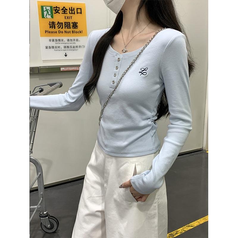 Milk Blue Design Embroidered Shirt Women's Top Spring Card Waist Pleated Long-sleeved Bottoming Shirt