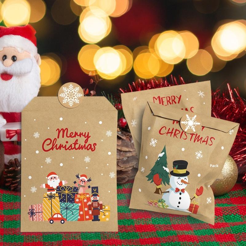 24Pcs Kraft Paper Bags Envelope Christmas Gift Bags With Stickers Candy Cookie Packaging  Year Party Favor Bags Diy