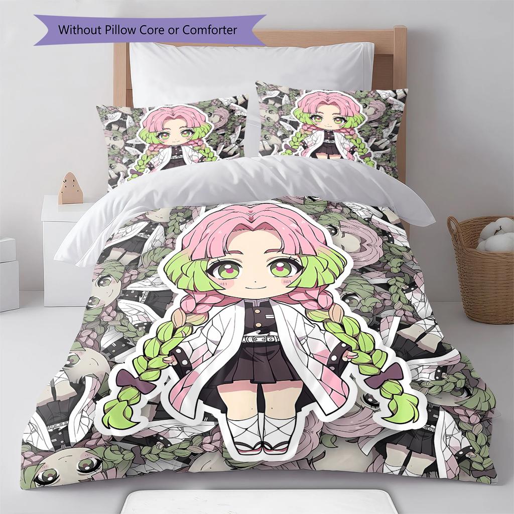 Demon Slayer Pattern Bedding,Quilt Set Quilt Cover Pillowcase Home Birthday Gift (1 * Duvet Cover + 2 * Pillowcase, Without Core)