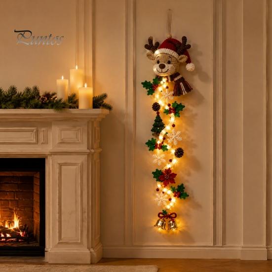 Snowflake Xmas Mantel Accents Glowing Christmas Door Hanger, Crochet Spiral Ornament with LED Lights, Snowman Santa Reindeer Decorative Winter