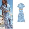 Spring and Summer Cut Out Embroider Decorative Lapel Short Sleeve with Belt Printed Shirt Type Length Dress 2157045