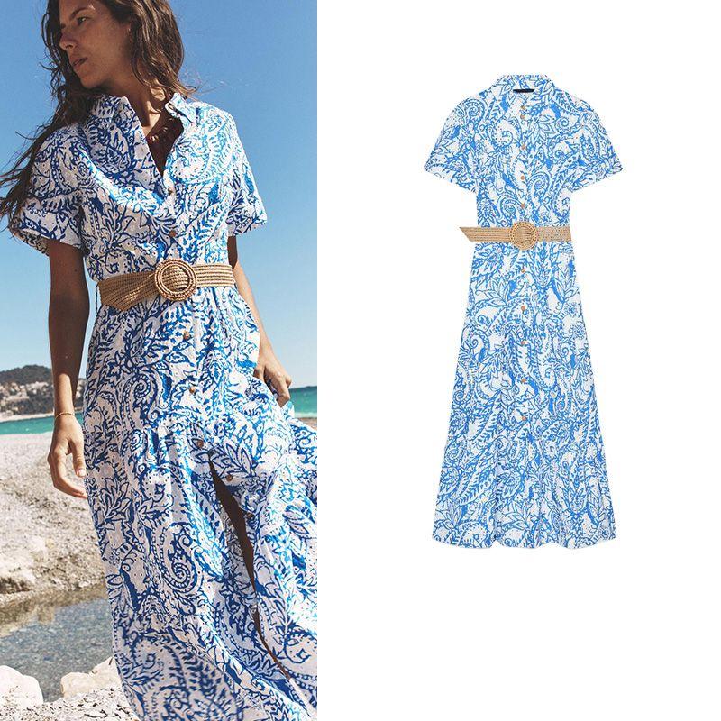 Spring and Summer Cut Out Embroider Decorative Lapel Short Sleeve with Belt Printed Shirt Type Length Dress 2157045