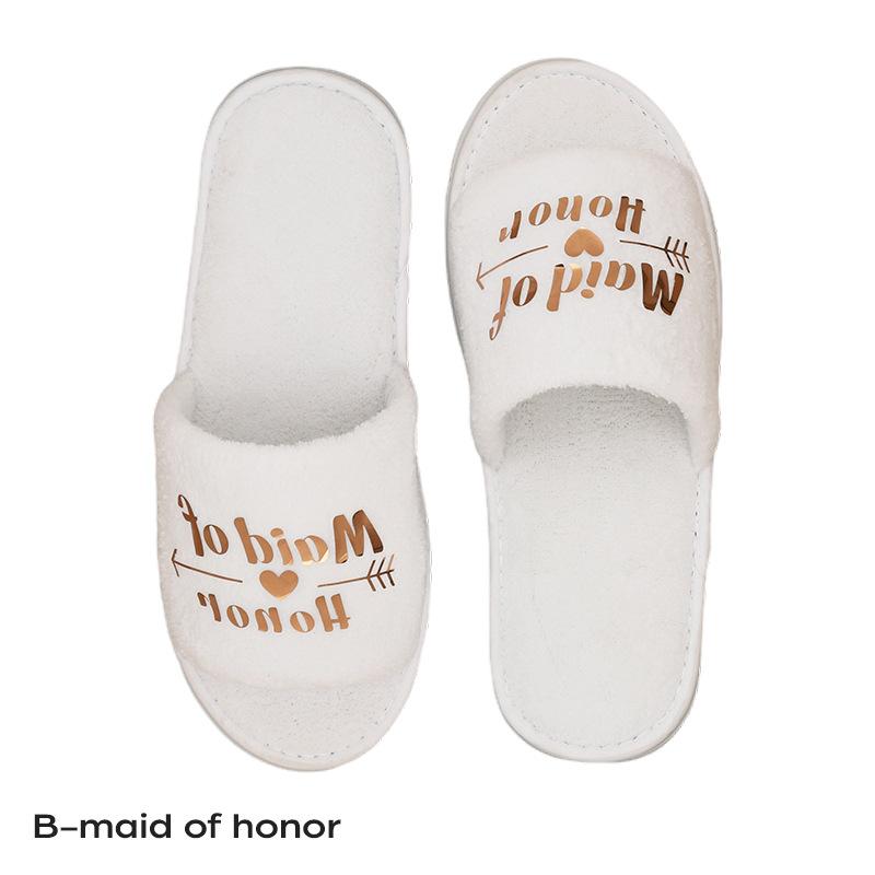 Fashion Bridal Party Slippers Set, Coral velvet Close-toe With Golden Letter Lightweight Plush Cozy Flats, Non-slip Soft Sole For Bride