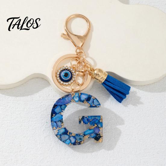 Talos Blue Series Keychain Pendant, Initial Letter Charm Key Chain with Eyes Tassel Design, A-Z Holder for Bags Backpacks Cars Accessories