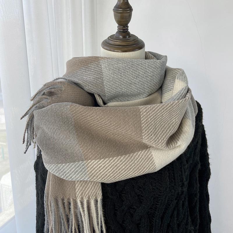 Geometric Plaid Scarf - Windproof Warm Winter Scarf with Fringe Edges, Unisex Elegant Casual Scarf for Women Fall Winter Fashion Accessory