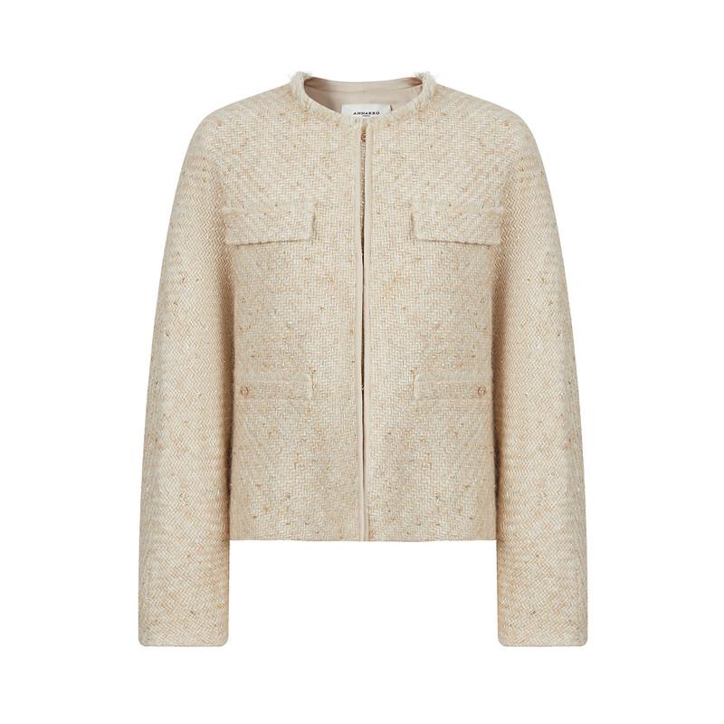JZ Annakol Elegant Round Neck Drop Shoulder Wool Blend Jacket