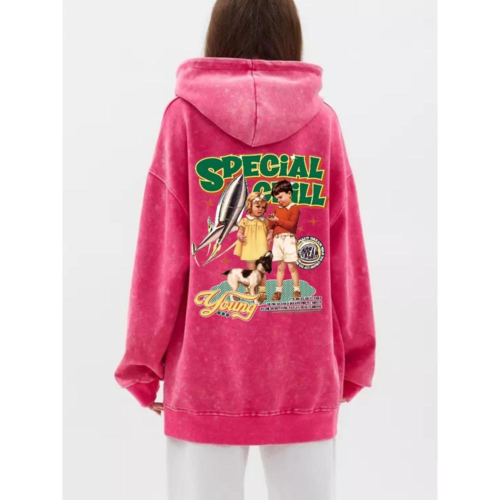 Cotton Womans Acid Wash Hoodies American Retro Comics Printing Streetwear Oversize Pocket Warm Pullovers Autumn Clothes