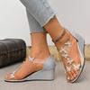 Women's Back Zipper Rhinestone Wedge Sandals Iris I-Shaped Beach Sandals