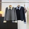 Women's Wool-Blend Two-Piece Color-Block Lapel Half-Zip Hoodie for Early Spring