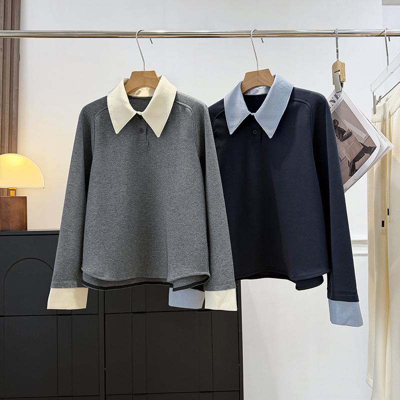 Women's Wool-Blend Two-Piece Color-Block Lapel Half-Zip Hoodie for Early Spring