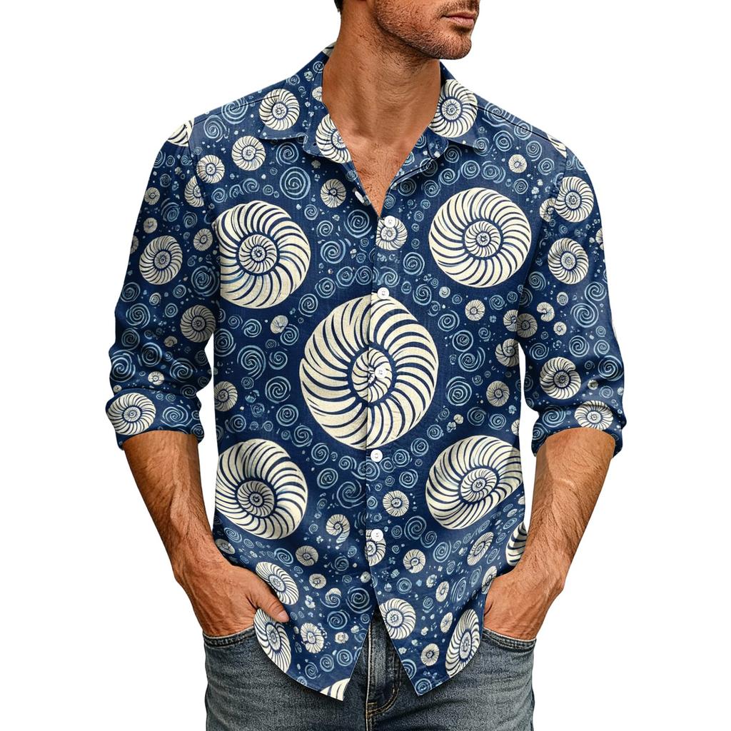 Men's Loose Fit Long Sleeve Shirt Hawaiian Style Retro Casual Button Down Shirt with Spread Collar Suitable for Spring and Autumn