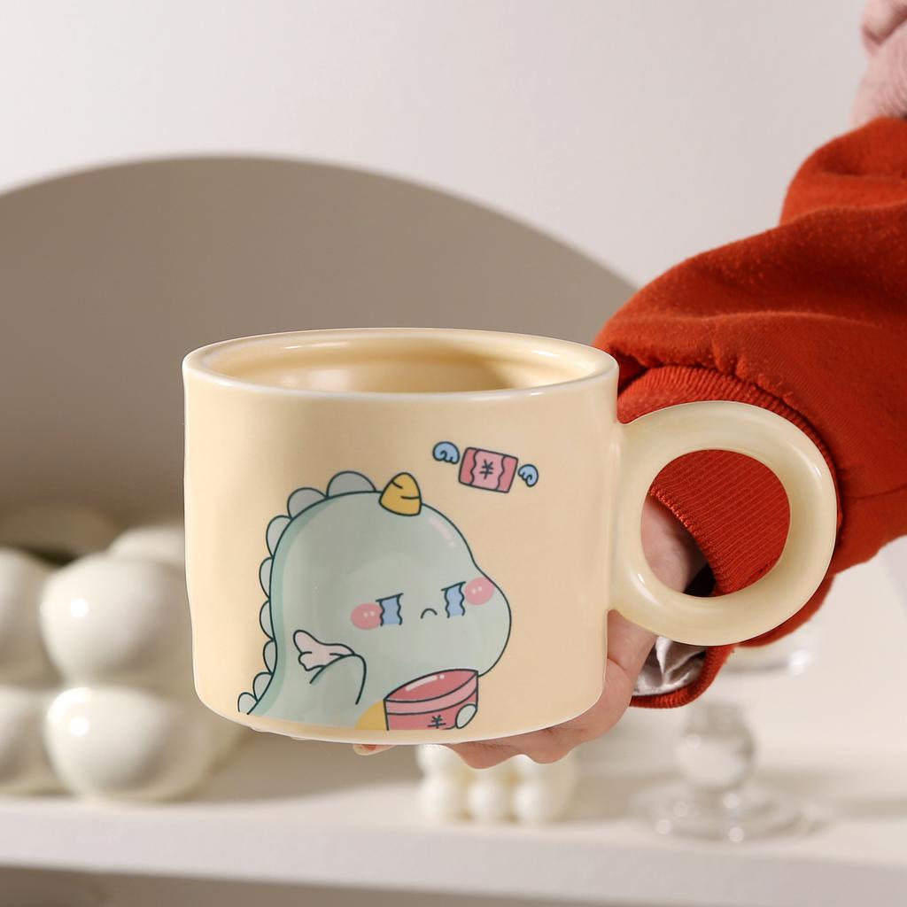 Light Luxury Ins Style Dinosaur Ceramic Cup Cute Mug with Lid Spoon Household High Value Coffee Cup Souvenir