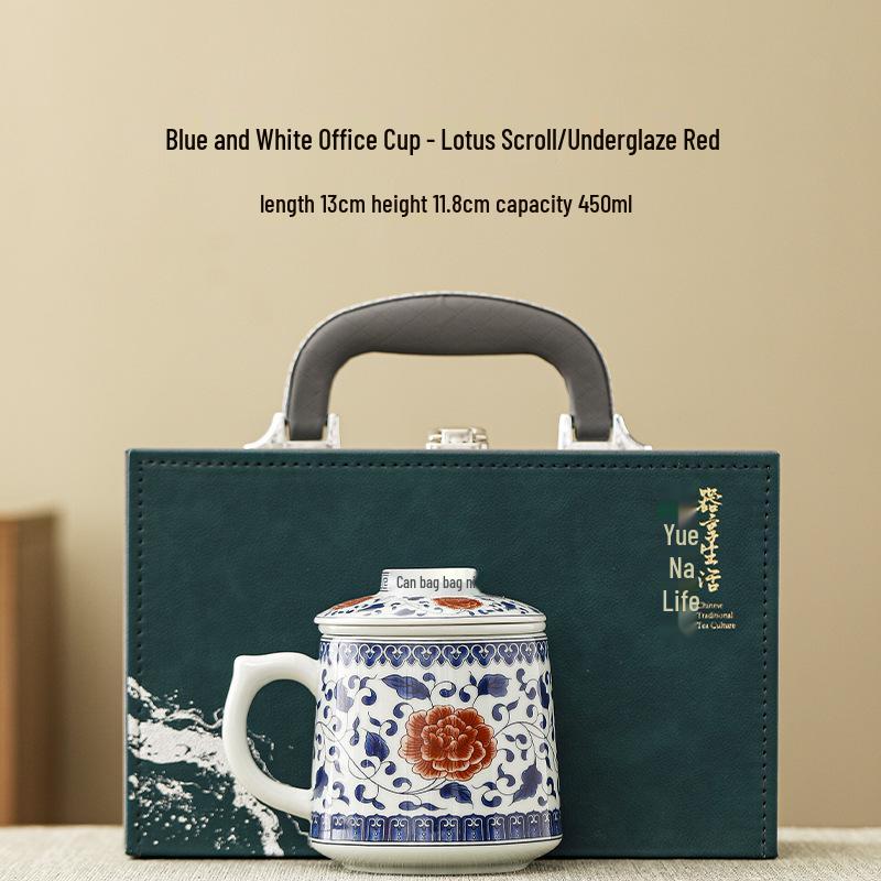 Mutton Fat Jade Blue & White Ceramic Tea Cup with Water Separator - Ideal Gift for Elders