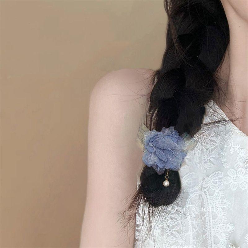 Pink Flower Ribbon Hair Band Women Girls Bowknot Ponytail Holders Hair Ropes Girls Korean Fashion Hair Accessories Headwear Blue