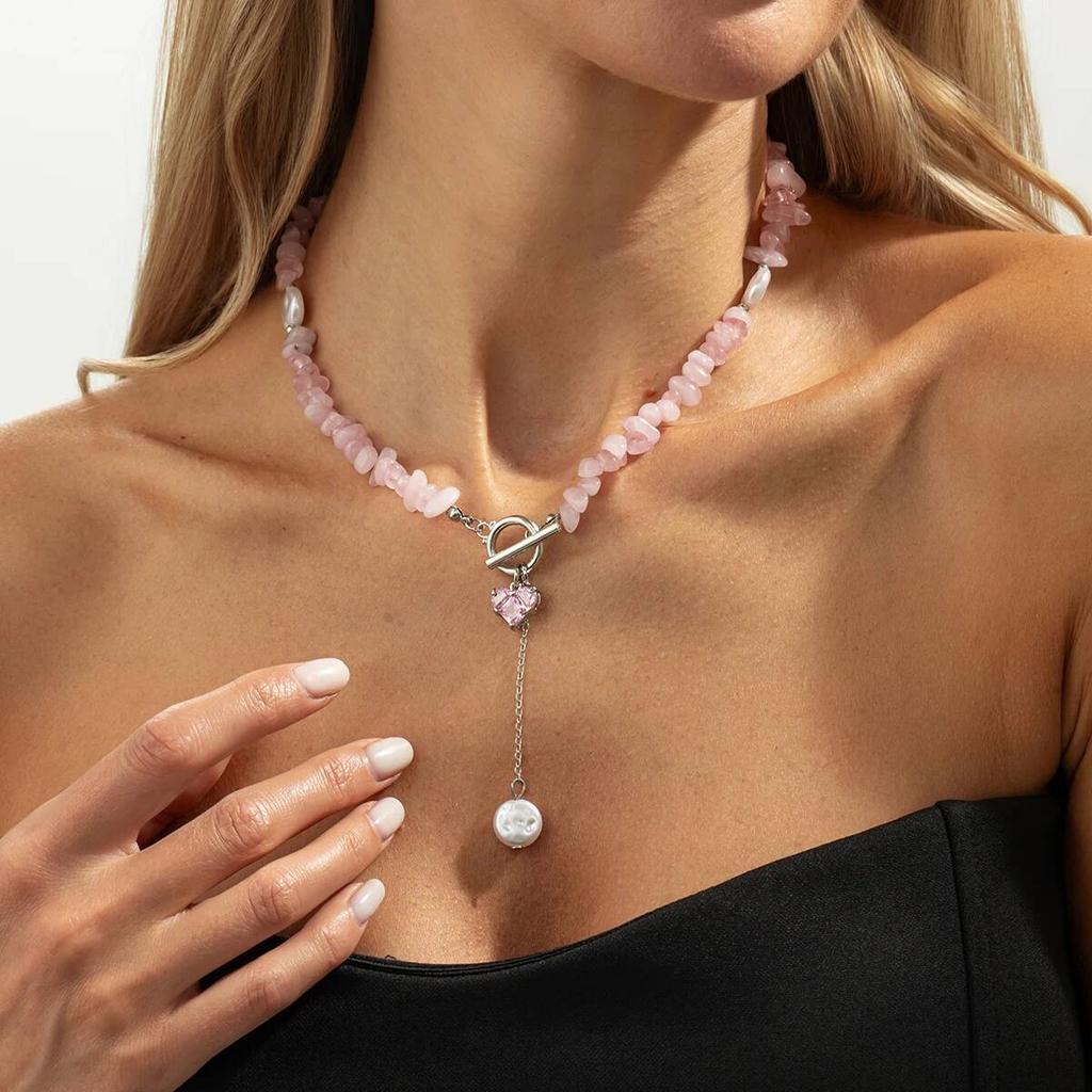 KunJoe Sweet Pink Stone Chokers Necklace for Women Exquisite Crystal Rhinestone Love Heart Pendant Necklace  Jewelry Gift