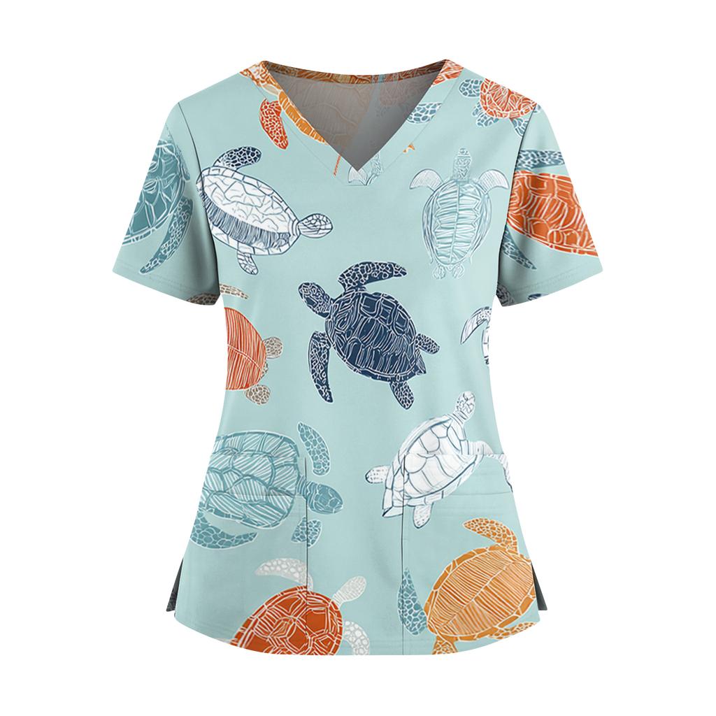 Women's Hawaiian Print V-Neck Double Pocket Short Sleeve Uniform/ Top