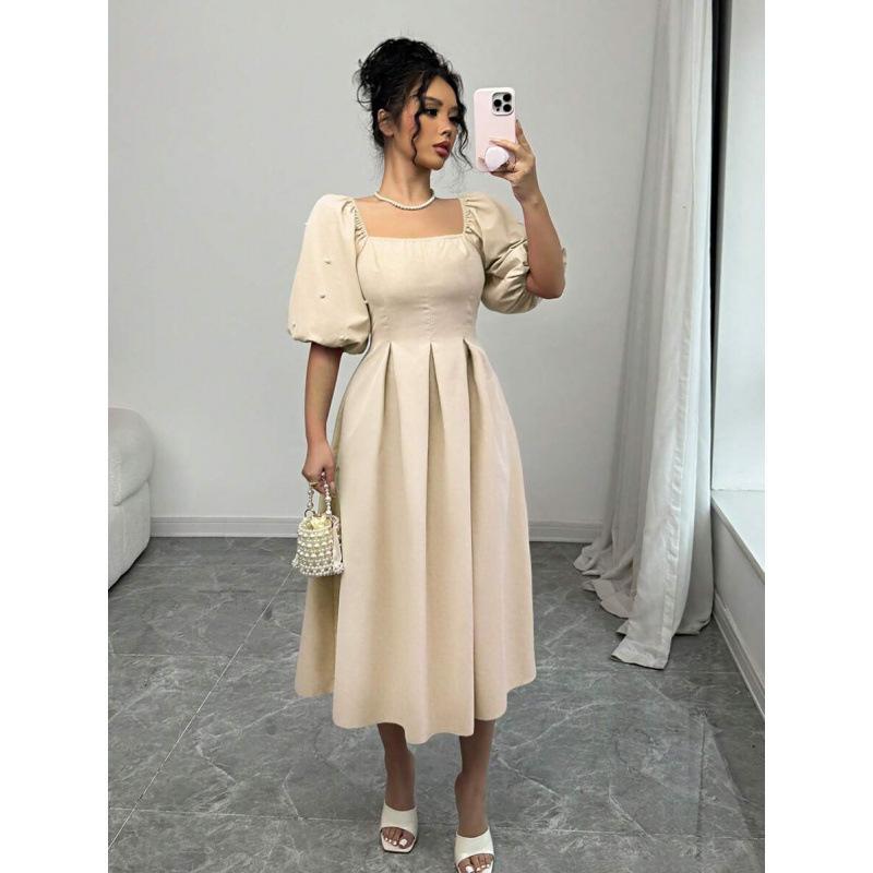 Europe, America 2026 summer new fashion temperament design square neck bubble sleeve bubble puff dress