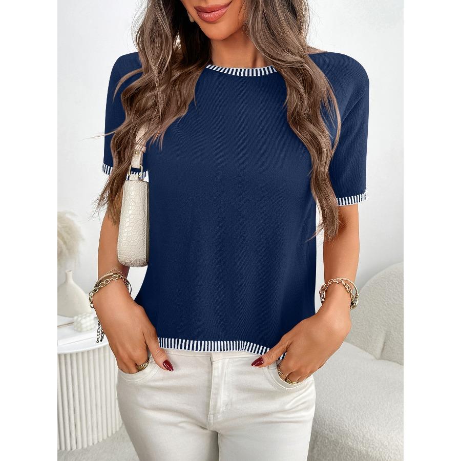 Summer Women's Pullover Short Sleeved Round Neck Short Sleeved Striped Knitted Sweater Shirt