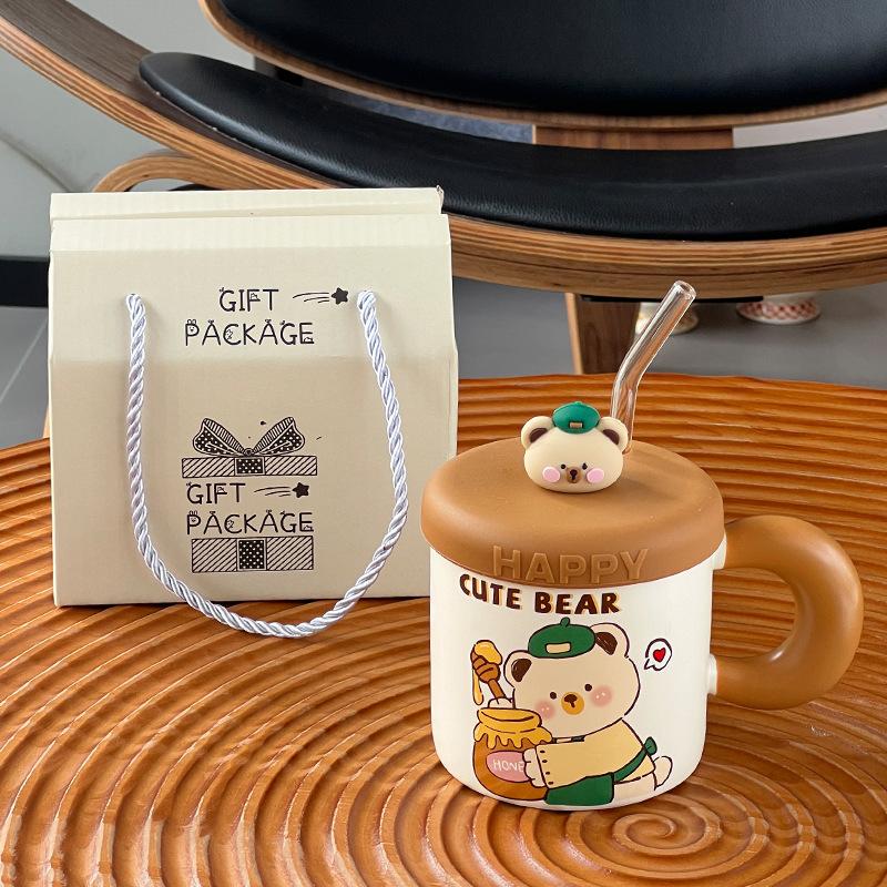 Cute Ceramic Cup With Lid Household Cartoon Couple Water Cup Gift Box High Value Souvenir Creative
