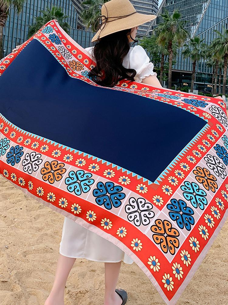 New Summer Elegant Women Silk Scarf Beach Long Wrap Shawl Vintage Red Print Sunscreen Bandana Hijab Mujer Bohemian Scarve Pareo