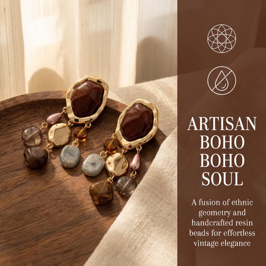 Bohemian Ethnic Tassel Pendant Earrings for Women Vintage Geometric Resin Simulated Gemstone Dangle Earrings Female Gifts