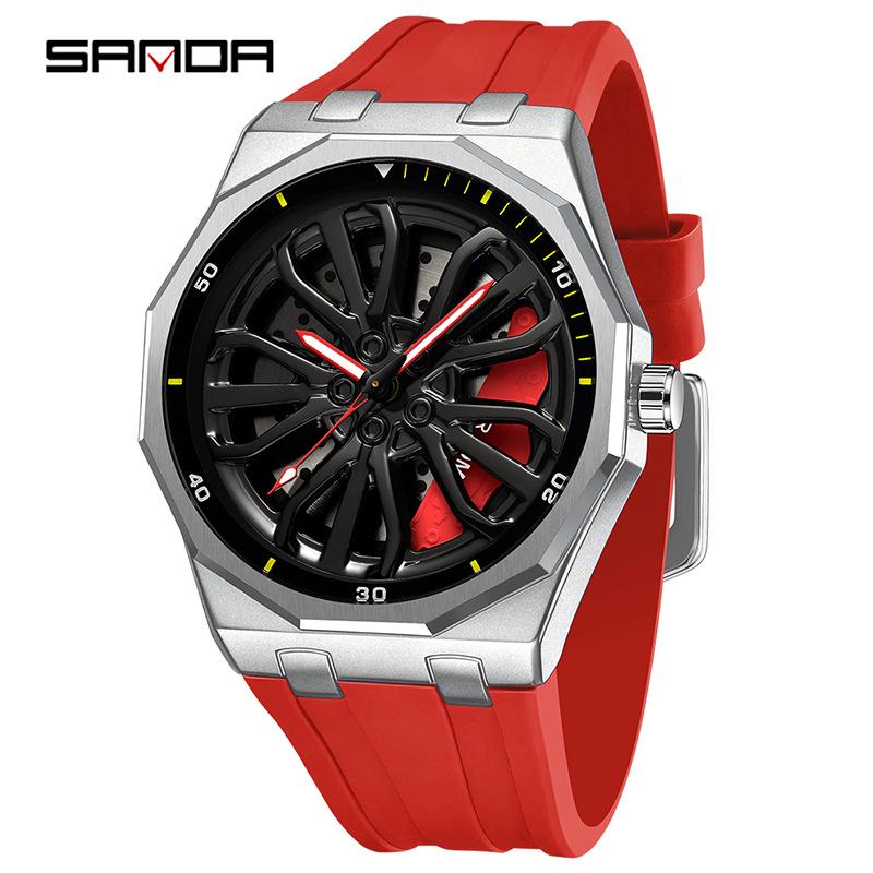 Sanda Men's Waterproof Alloy Car Wheel Design Silicone Wristwatch