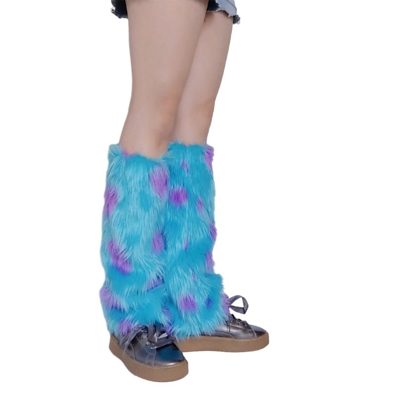 Women Harajuku Winter Warm Plush Leg Warmers Novelty Monsters Colorblock Furry Boots Cover Cosplay Leg Sleeve Long Socks