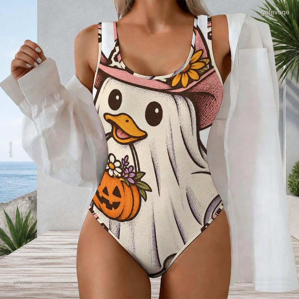 Women Plus Size Sleeveless U Neck Halloween Ghost Pumpkin Print One Piece Swimsuit