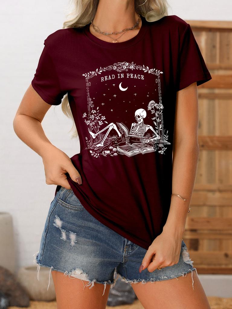 Summer new crewneck Womens casual Tshirt read in peace skull print loose shortsleeved fashion top with all the trend pullove