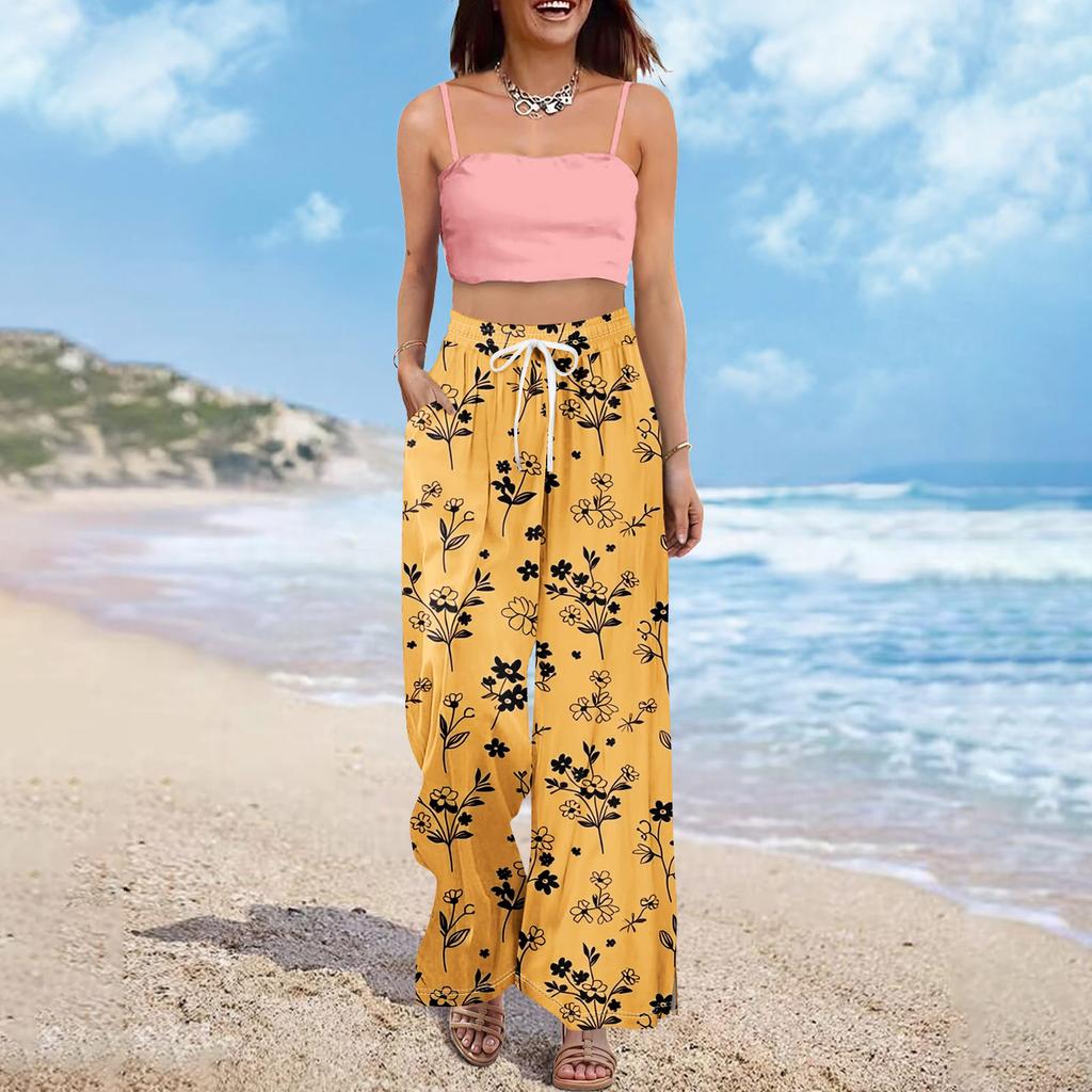 מכנסי פאלאצו קיציים בוהו לנשים מותן גבוה רגל רחבה הדפס פרחוני מכנסיים קז'ואל עם כיסים
